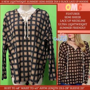 NWOT S BLACK & TAN plaid grunge HOODIE Lightweight semisheer~From Sage